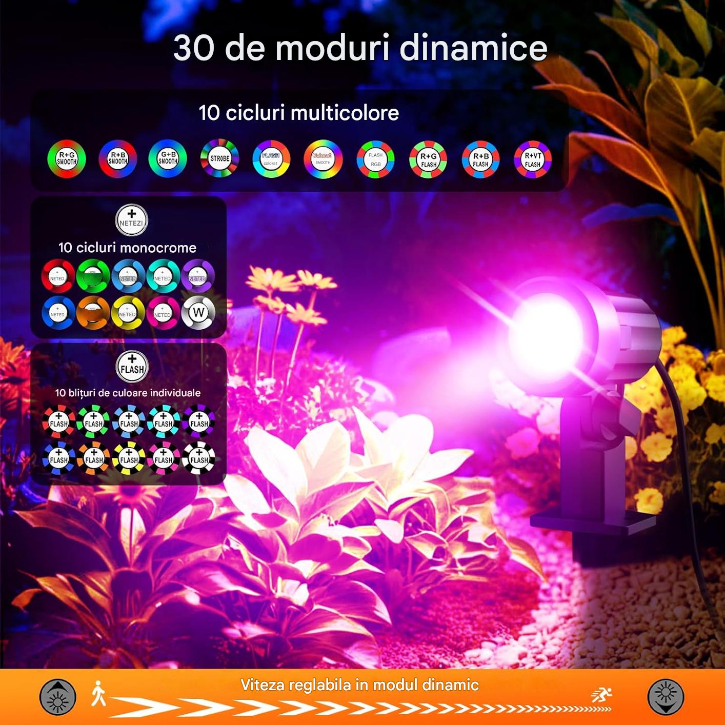 Set 8 proiectoare RGB, lampi gradina cu senzor lumina, telecomanda, functie temporizare, 30 moduri dinamice, impermeabile IP66, cu tarus si cablu de 23 m, Iluminat exterior pentru gradina, curte, petrecere