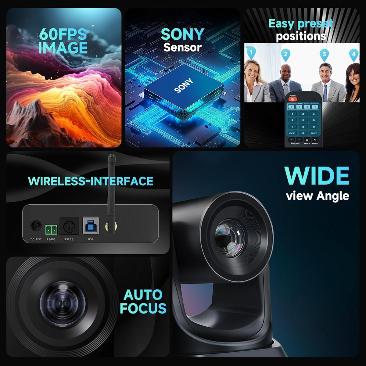 Camera PTZ wireless TONGVEO 5.8 GHz, 1080P 60FPS, USB 3.0, rotire 350° si inclinare 180°, telecomanda, receptor USB inclus, pentru videoconferinte si Streaming Live, compatibila Windows/Mac, Zoom si OBS, Plug & Play