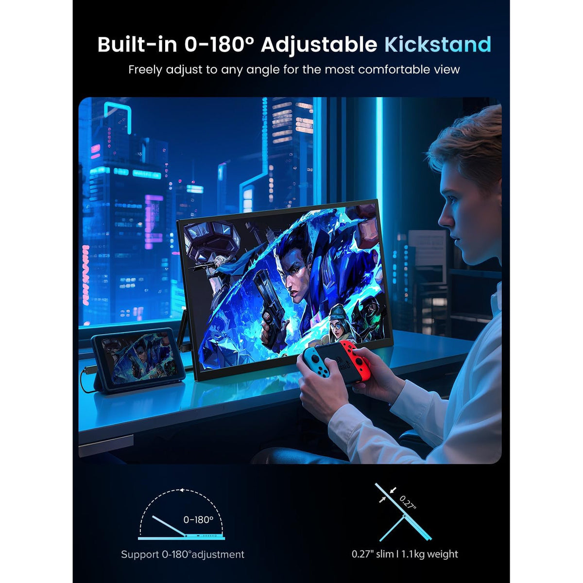 Monitor portabil gaming SUPERFECT 18.5 inch, Full HD 1920x1080 IPS mat, 120Hz, 16:9, 125% sRGB, USB-C + Mini HDMI, difuzoare integrate, suport reglabil, compatibil VESA, pentru laptop, PC, telefon, PS4/PS5, Xbox