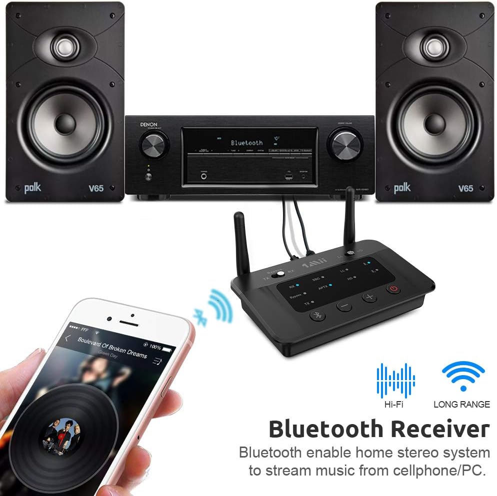 Transmitator si receptor Bluetooth 5.3, adaptor wireless aptX HD cu latenta scazuta, conectare doua dispozitive simultan, mod bypass, raza de actiune 70 metri, multifunctional, negru