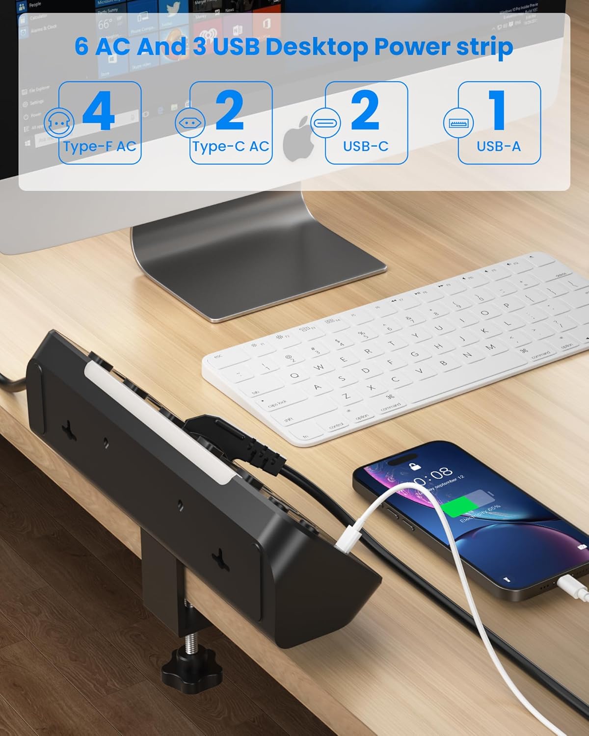 Prelungitor pentru perete/colt cu 6 prize cu intrerupator, 2 x USB-C cu incarcare PD 20W, 1 x USB-A QC 18W, lumina de noapte, cu prindere pentru birou si cablu de 2 m