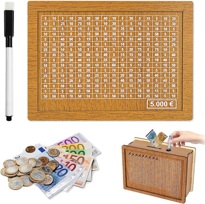 Pusculita din lemn cu tinta de economii de 5000 euro si numere pentru bifat, 20 x 14.5 x7 cm, reutilizabila