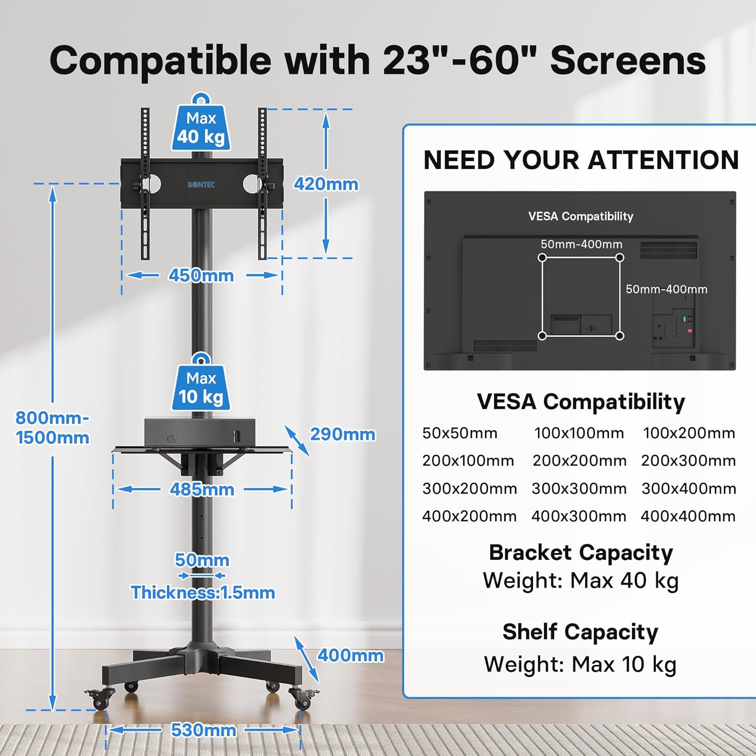 Suport TV BONTEC cu roti pentru ecrane Plasma/LCD/LED de 23-55 inch, pana la 40 kg, suport rulant reglabil pe inaltime si functie de inclinare cu raft pentru laptop, MAX VESA 400x400