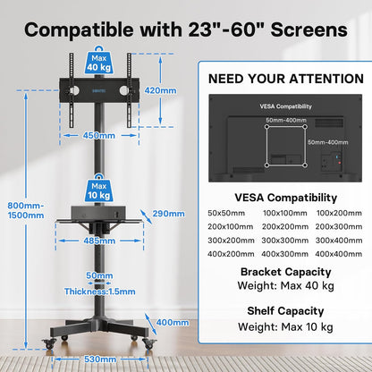 Suport TV BONTEC cu roti pentru ecrane Plasma/LCD/LED de 23-55 inch, pana la 40 kg, suport rulant reglabil pe inaltime si functie de inclinare cu raft pentru laptop, MAX VESA 400x400