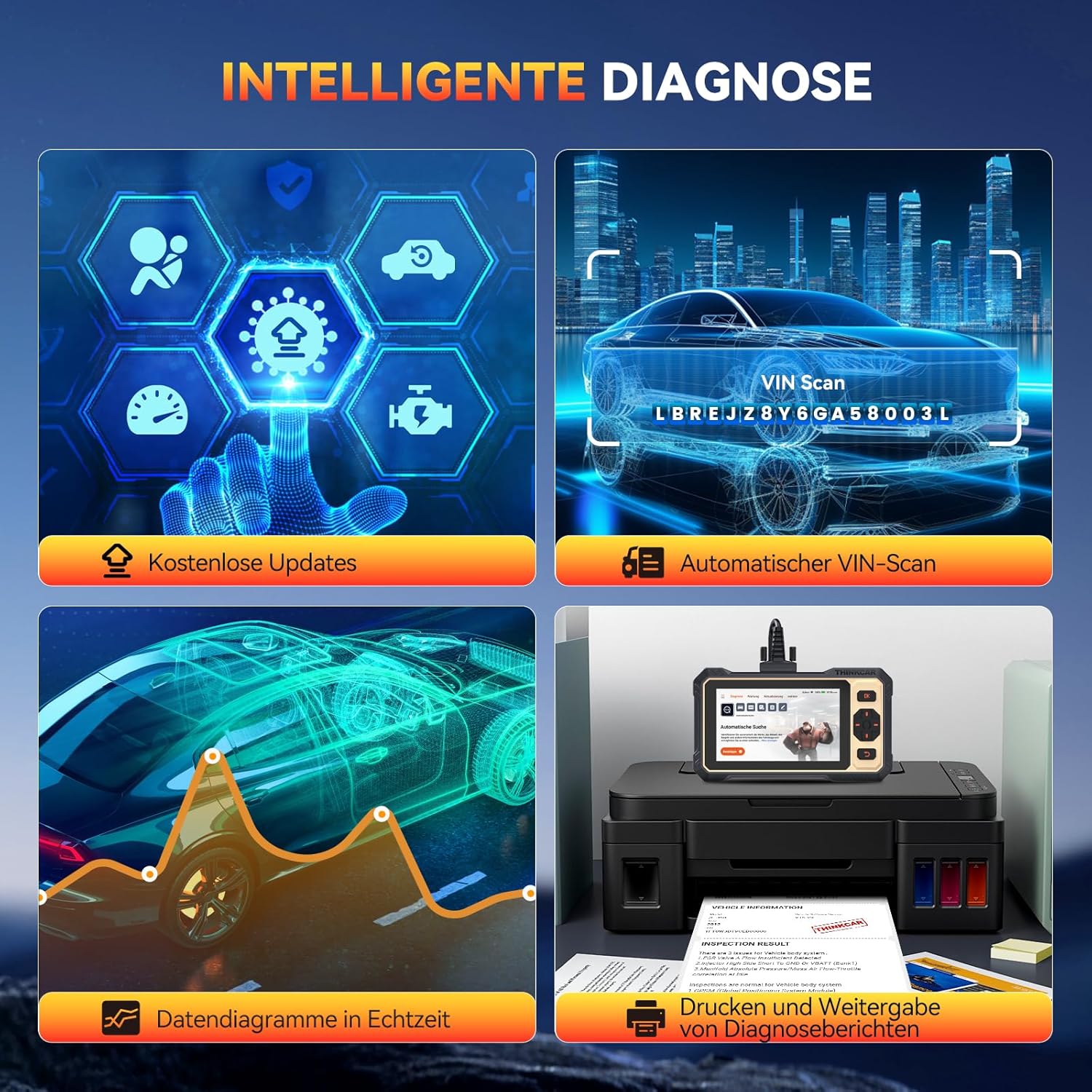 Tester auto ThinkScan 662, OBD2 scanner, ECM/TCM/SRS/ABS, 12 functii de resetare, negru/galben
