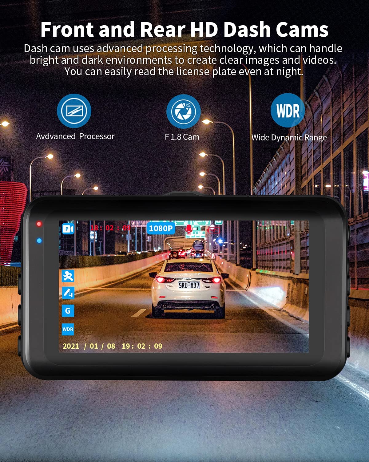 Camera de bord auto dubla, senzor G, unghi larg 170 °, ecran 3 inch, inregistrare in bucla, detectie miscare, nightvision, card de memorie de 32 GB