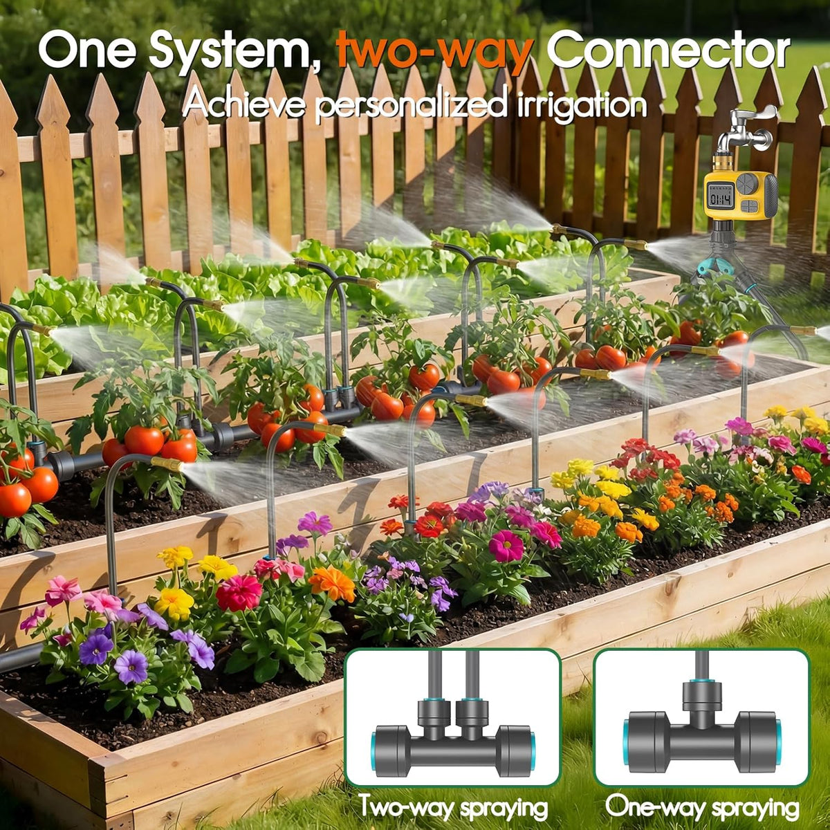Sistem automat de irigare prin picurare 30m cu temporizator programabil, kit complet udare 20 plante, 20 duze reglabile 360° din alama, 3 moduri picurare/pulverizare/dus, economie apa 70%, instalare rapida fara unelte, pentru gradina, sera si ghiveci