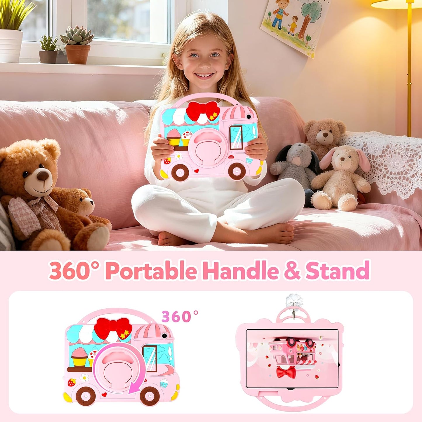 Husa de protectie pentru Samsung Galaxy Tab A9 Plus –  3D roz, din silicon, rezistenta la socuri, cu suport rotativ 360°, maner si curea de umar, pentru copii si fete