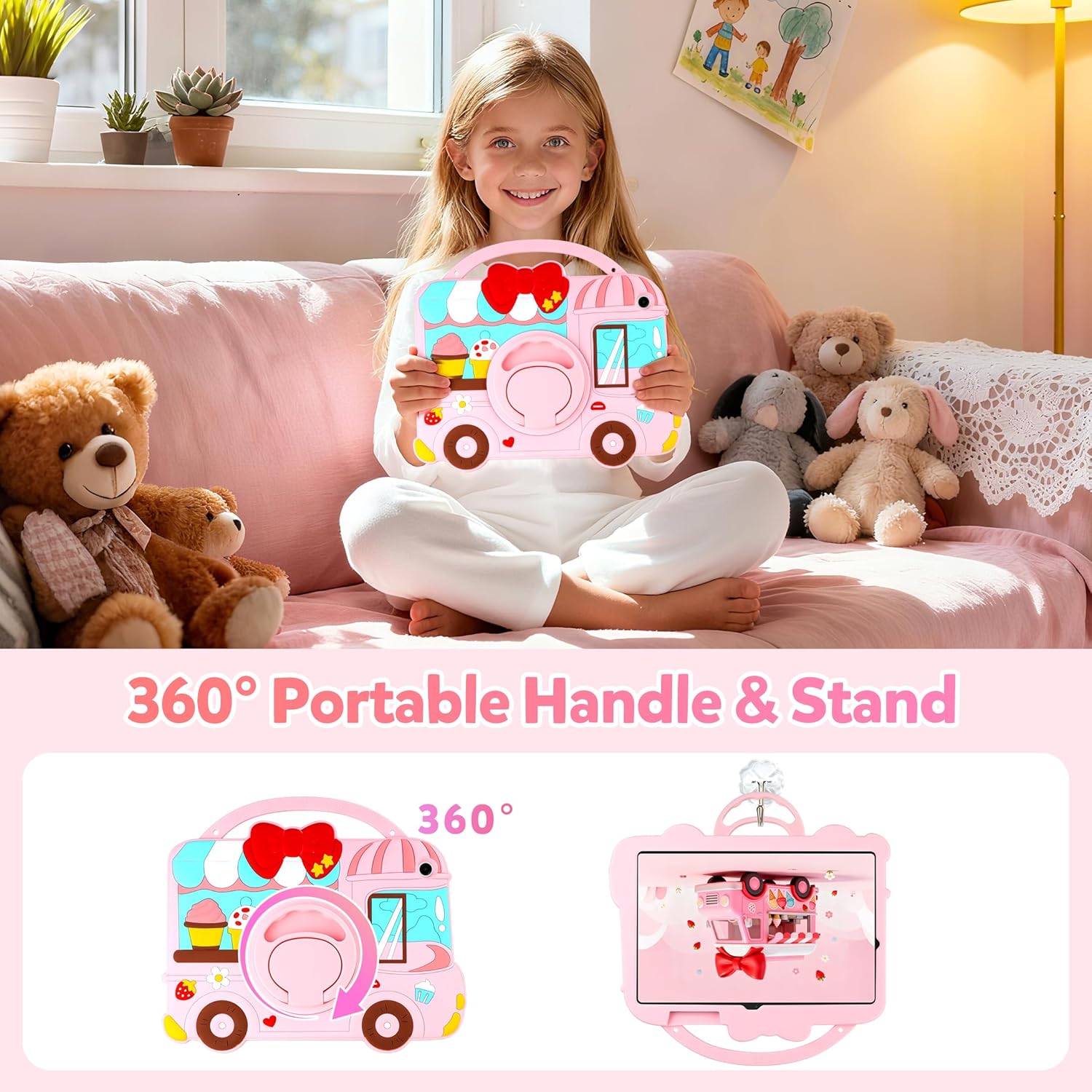 Husa de protectie pentru Samsung Galaxy Tab A9 Plus –  3D roz, din silicon, rezistenta la socuri, cu suport rotativ 360°, maner si curea de umar, pentru copii si fete