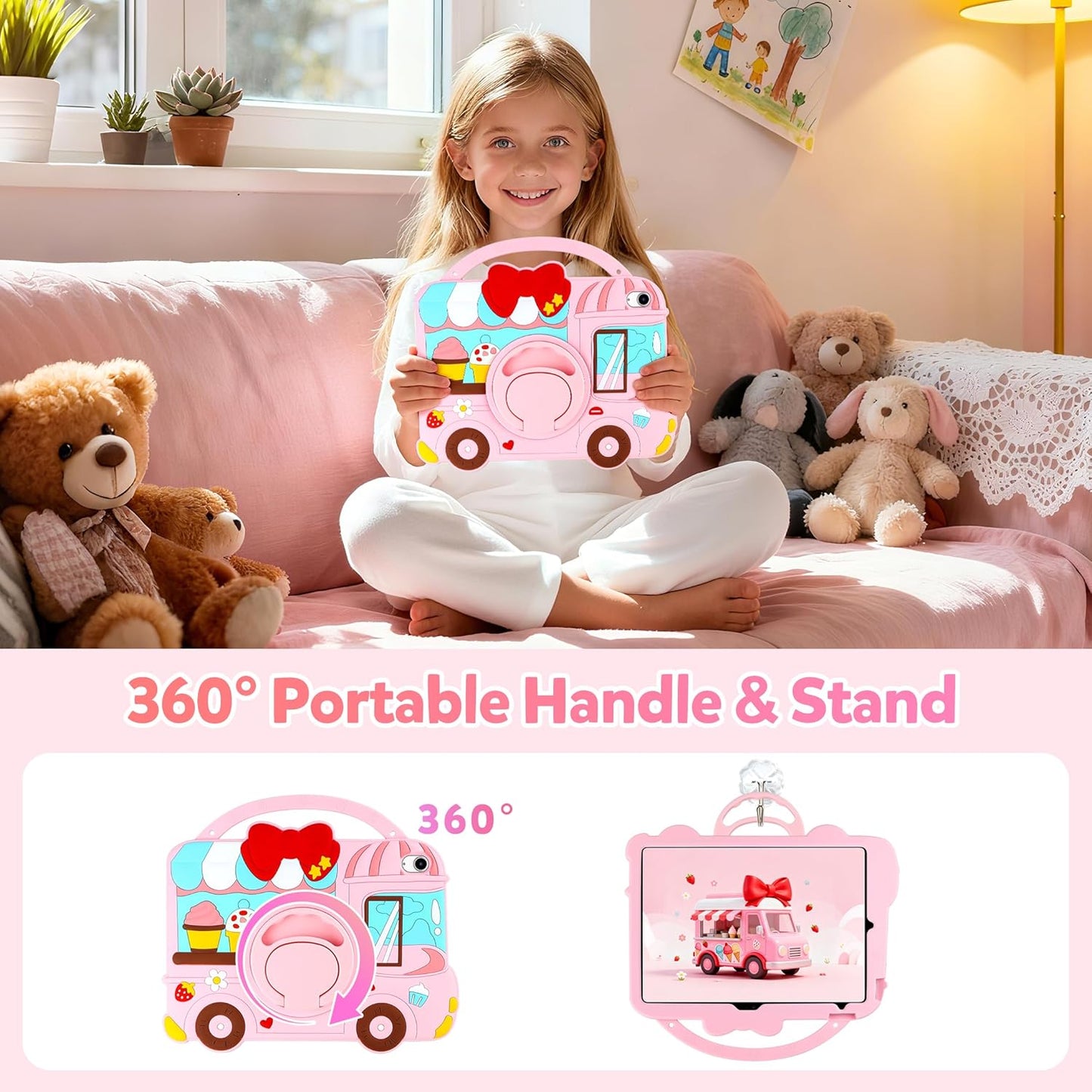 Husa pentru iPad A16 11 generatia 11 inch 2025, inghetara 3D, din silicon pentru iPad 10 Generation, protectie rezistenta la socuri pentru copii si fete, cu suport rotativ, curea de umar si maner