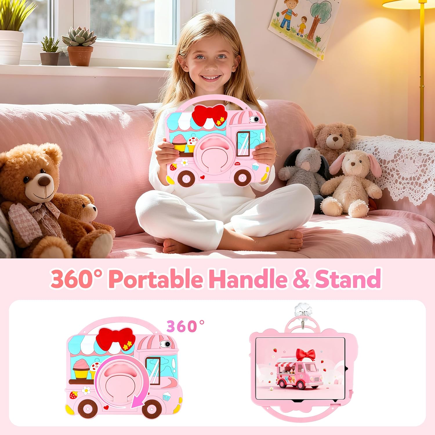 Husa pentru iPad A16 11 generatia 11 inch 2025, inghetara 3D, din silicon pentru iPad 10 Generation, protectie rezistenta la socuri pentru copii si fete, cu suport rotativ, curea de umar si maner