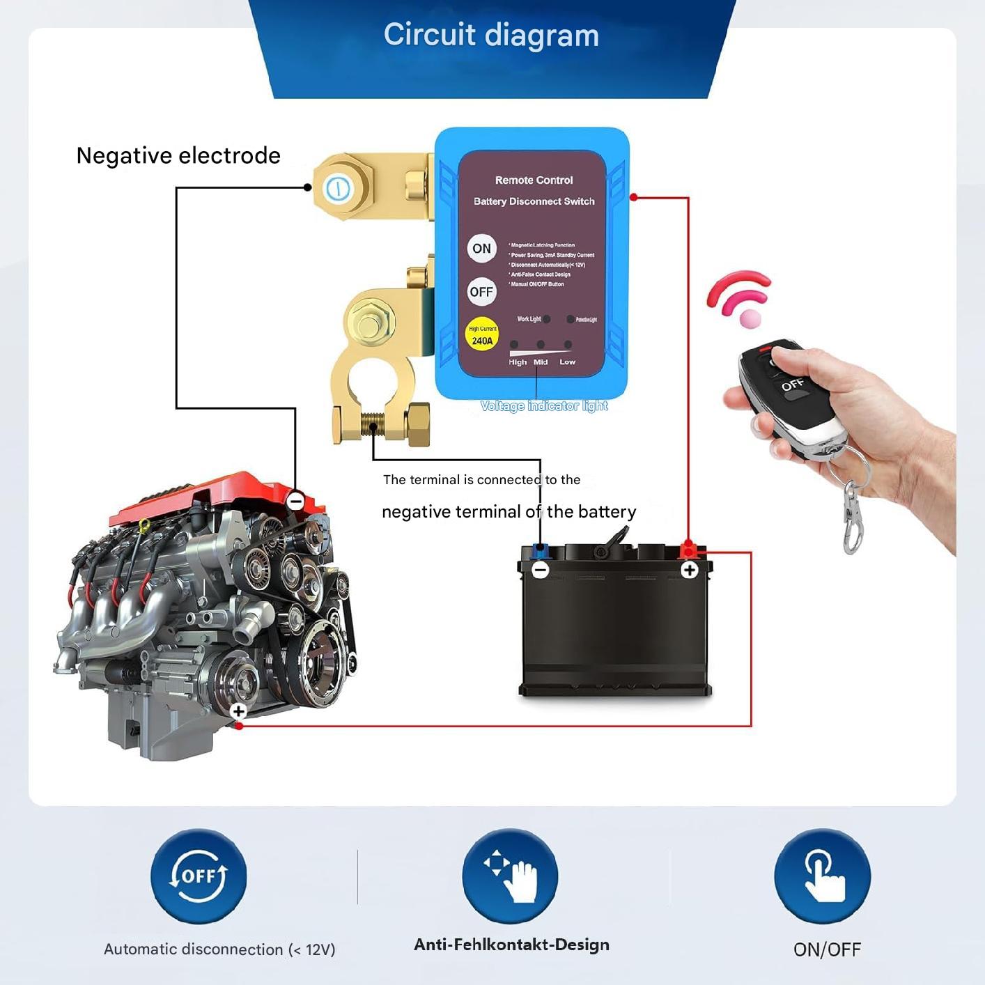 Izolator baterie auto, intrerupator cu telecomanda wireless, 12/24V 240 A, antifurt cu oprire automata pentru masina, camion, rulota, barca