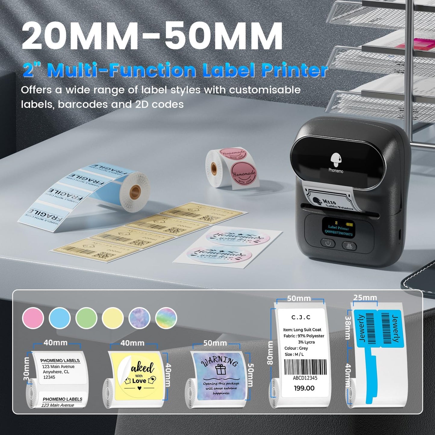 Imprimanta termica Bluetooth portabila, printare etichete 20-50 mm, cu display, 203dpi, acumulator 1500 mAh, aplicatie dedicata, compatibil iOS si Android, neagra