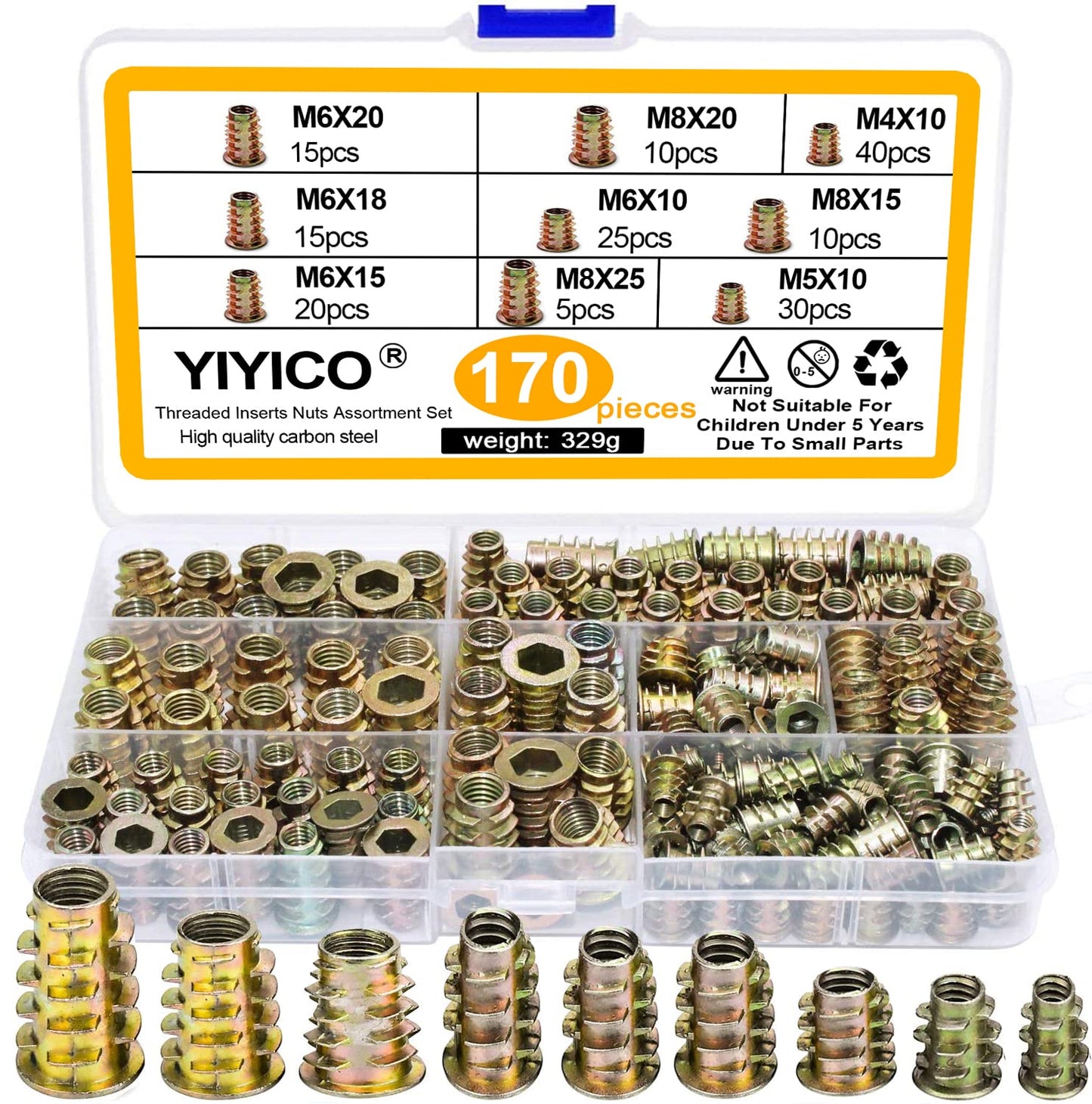 Set 170 piulite, cap haxagonal, M8 M6 M5 M4, din aliaj de zinc, pentru lemn