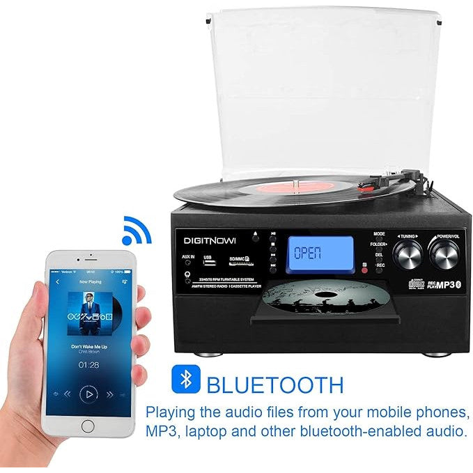 Pick-up 9 in 1 cu Bluetooth, conversie in MP3 prin USB, redare Disc vinyl, USB SD MMC, CD player, casetofon, radio AM/FM, cu telecomanda, mufa pentru casti si intrare auxiliara iesire RCA, platan vinyl cu 3 viteze, difuzor stereo incorporat