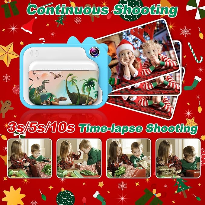 Aparat foto instant pentru copii, functii foto, video, printare, zoom 10X, ecran 2, 4 inch, HD 1080P, 12 MP, memorie 32 GB, baterie 1000 mAh, 7 filtre, 8 efecte, 20 rame, 4 jocuri puzzle, 3 role hartie, 5 carioci, husa de silicon, snur, cablu USB-C