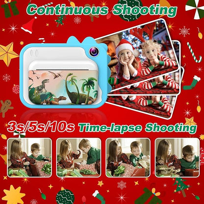 Aparat foto instant pentru copii, functii foto, video, printare, zoom 10X, ecran 2, 4 inch, HD 1080P, 12 MP, memorie 32 GB, baterie 1000 mAh, 7 filtre, 8 efecte, 20 rame, 4 jocuri puzzle, 3 role hartie, 5 carioci, husa de silicon, snur, cablu USB-C