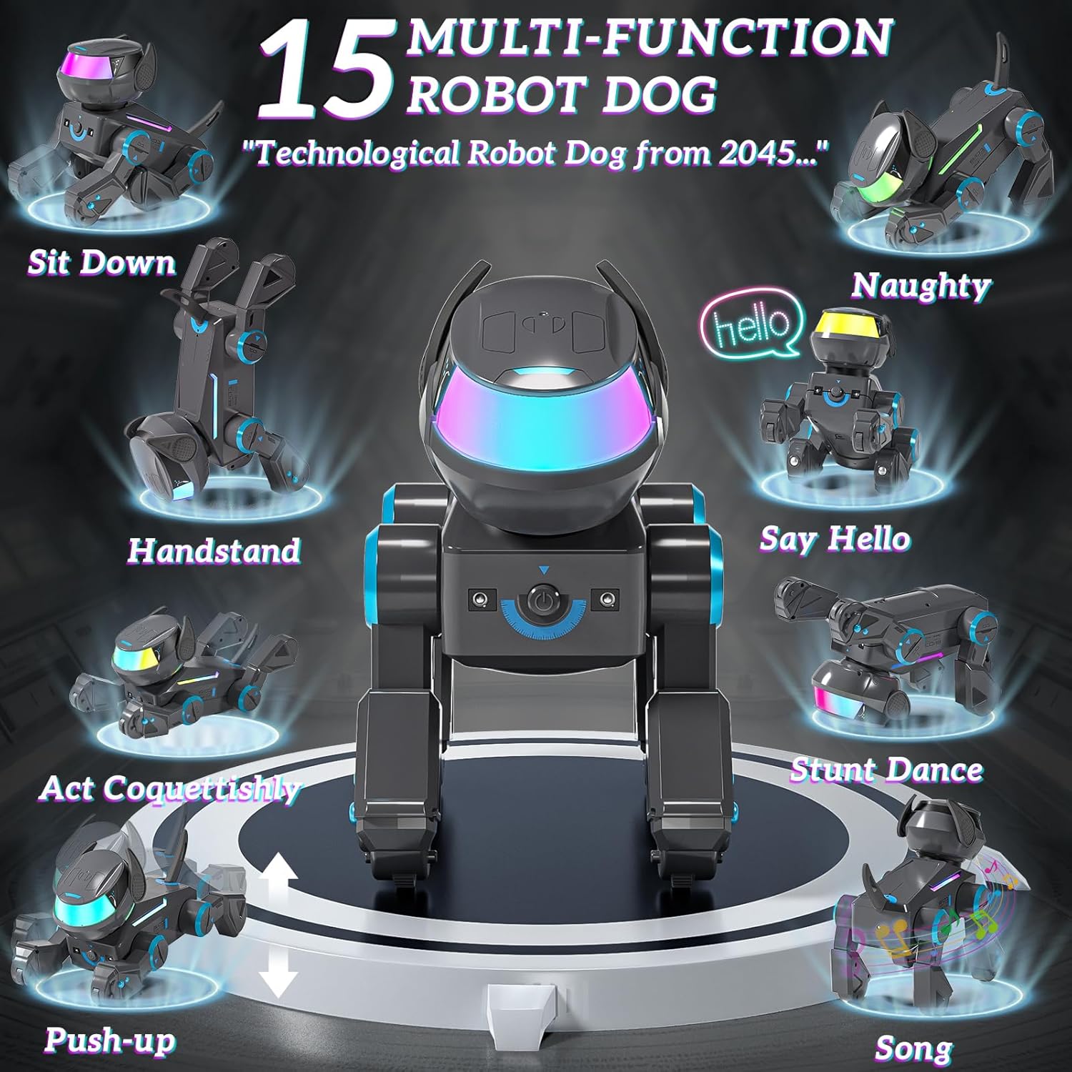 Robot inteligent Smart, caine interactiv cu LED multicolor, bluetooth speaker, programabil 100 comenzi, 15+ functii interactive, baterii reincarcabile – Jucarie STEM pentru copii 3–12 ani