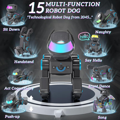 Robot inteligent Smart, caine interactiv cu LED multicolor, bluetooth speaker, programabil 100 comenzi, 15+ functii interactive, baterii reincarcabile – Jucarie STEM pentru copii 3–12 ani