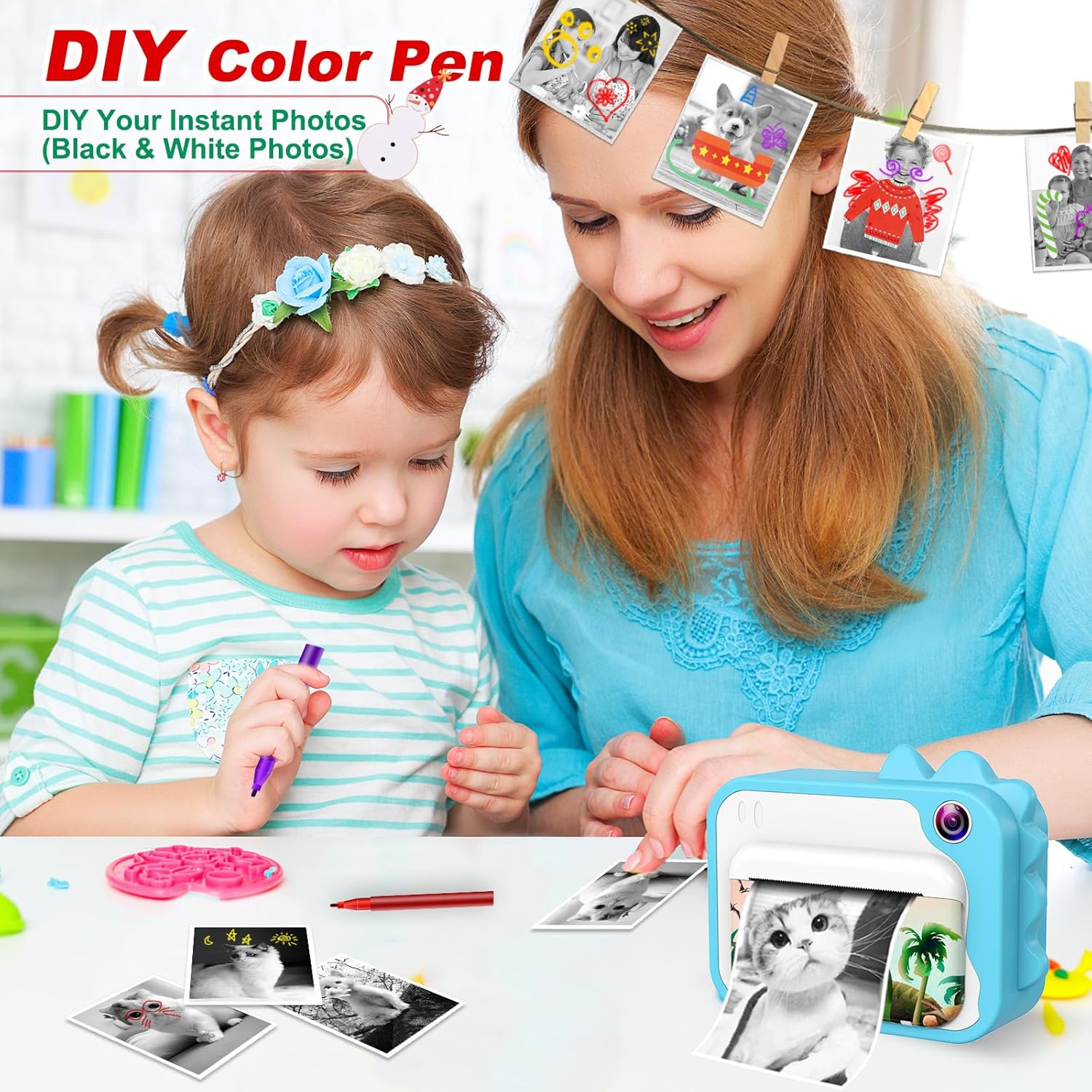 Aparat foto instant pentru copii, functii foto, video, printare, zoom 10X, ecran 2, 4 inch, HD 1080P, 12 MP, memorie 32 GB, baterie 1000 mAh, 7 filtre, 8 efecte, 20 rame, 4 jocuri puzzle, 3 role hartie, 5 carioci, husa de silicon, snur, cablu USB-C