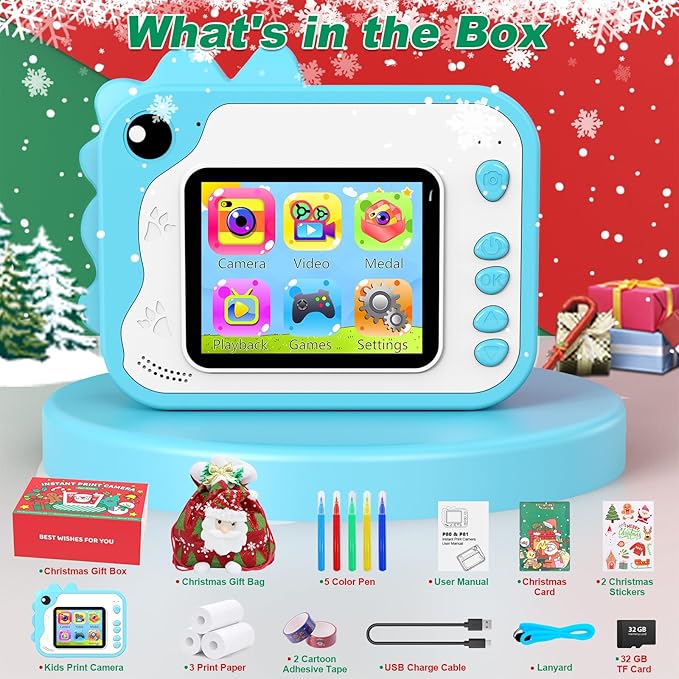 Aparat foto instant pentru copii, functii foto, video, printare, zoom 10X, ecran 2, 4 inch, HD 1080P, 12 MP, memorie 32 GB, baterie 1000 mAh, 7 filtre, 8 efecte, 20 rame, 4 jocuri puzzle, 3 role hartie, 5 carioci, husa de silicon, snur, cablu USB-C