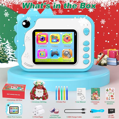 Aparat foto instant pentru copii, functii foto, video, printare, zoom 10X, ecran 2, 4 inch, HD 1080P, 12 MP, memorie 32 GB, baterie 1000 mAh, 7 filtre, 8 efecte, 20 rame, 4 jocuri puzzle, 3 role hartie, 5 carioci, husa de silicon, snur, cablu USB-C
