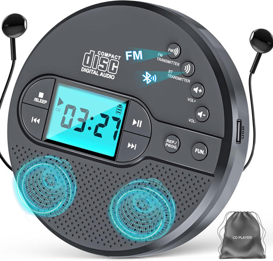 CD Player portabil Discman cu bluetooth si transmitator FM, baterie 2000 mAh, ecran LCD, difuzor incorporat, AUX si USB, anti-soc si anti-skip, cu casti, pentru masina si uz portabil