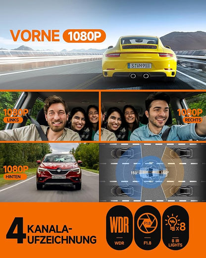 Camera auto cu 4 canale, GPS WiFi, ecran IPS de 3, 18 inch, 4K+1080P / 2K+2x1080P / 4x1080P, card SD 64 GB, Senzor G, WDR, Bucla video, Night Vision, control vocal, monitorizare parcare, viziune in interior fata si spate
