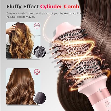 Set uscator de par 5 in 1 cu ioni, 110.000 rpm, 23 m/s, <75 dB, cablu rotativ 360°, 2 ondulatoare 1,25 inch, perie ovala, perie netezire, manusi termice, agrafe par, perie curatare, geanta depozitare, control inteligent al caldurii, uscare rapida, roz