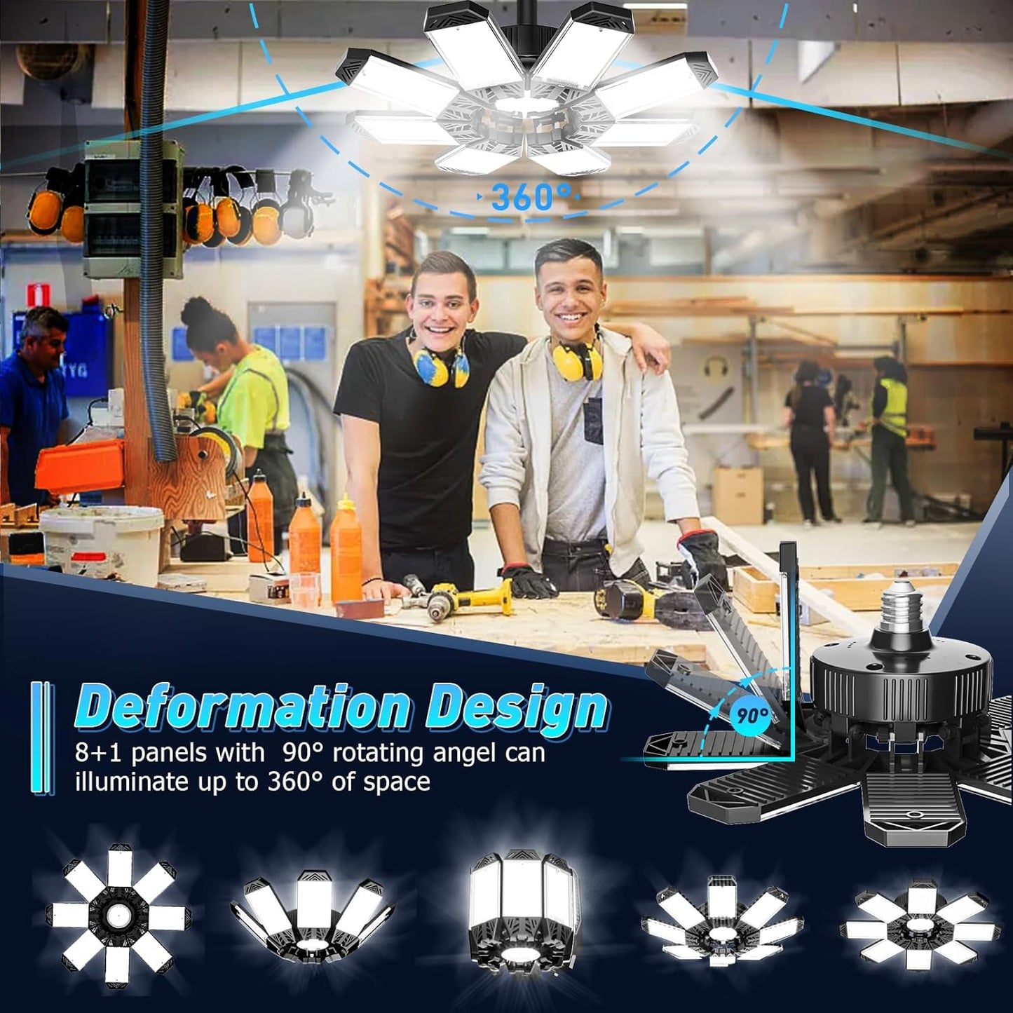 Lampa LED 210W, 21000lm, 6500K, 8+1 panouri reglabile 360°, dulie E27/E26, iluminare super puternica pentru atelier, depozit sau subsol, clasa energetica F