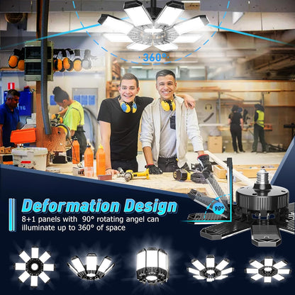 Lampa LED 210W, 21000lm, 6500K, 8+1 panouri reglabile 360°, dulie E27/E26, iluminare super puternica pentru atelier, depozit sau subsol, clasa energetica F