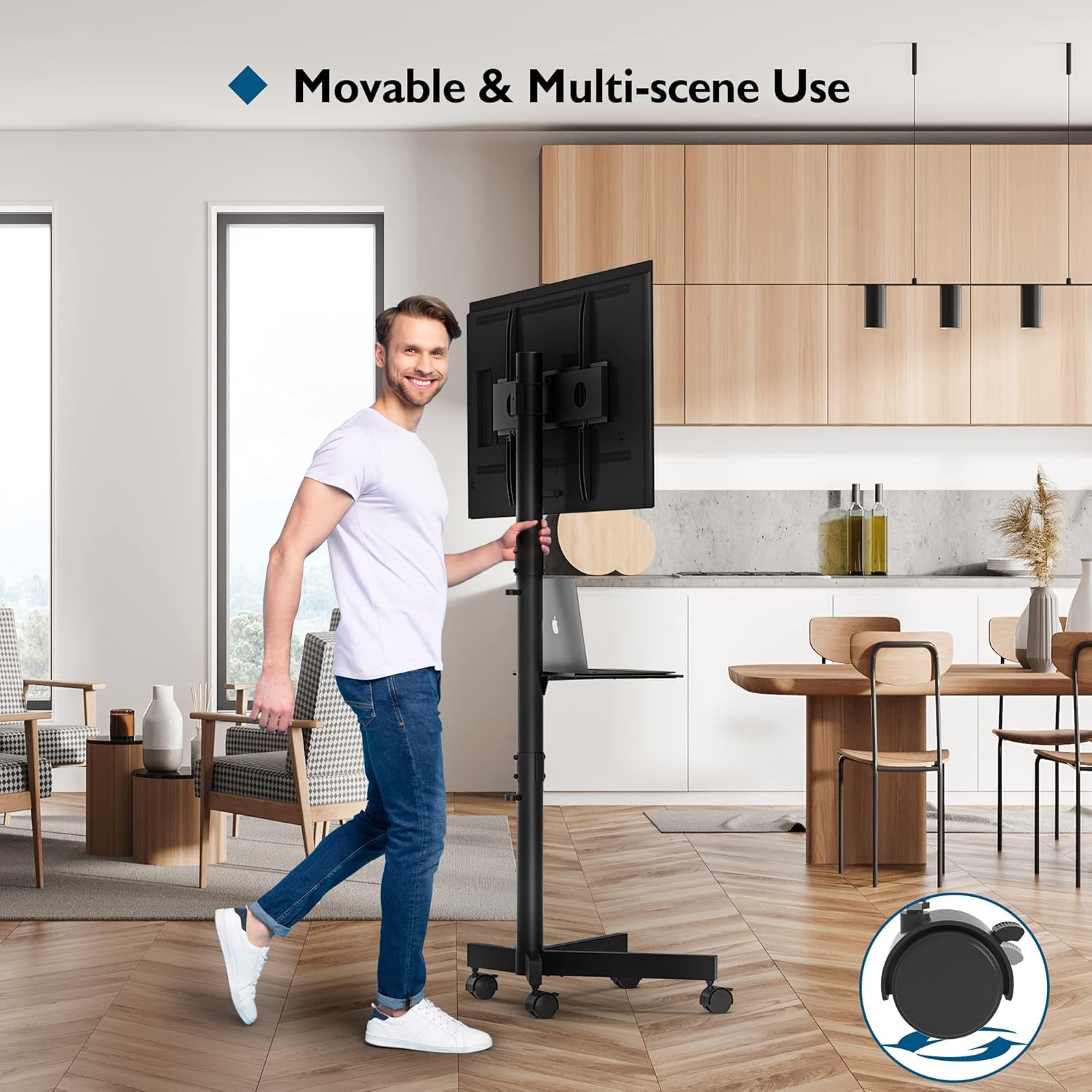 Suport TV BONTEC cu roti pentru ecrane Plasma/LCD/LED de 23-60 inch, pana la 25 kg, suport rulant reglabil pe inaltime cu raft pentru laptop, MAX VESA 400 x 400 mm