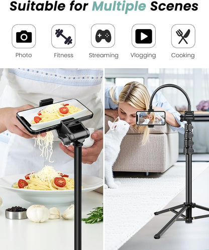 Trepied pentru telefon mobil si camera DSLR, inaltime 197 cm, trepied flexibil cu gat de lebada reglabil 25 cm, aluminiu robust, cap inclinabil 180°, telecomanda Bluetooth pentru selfie si filmari, suport pentru Vlogging, fotografie, streaming si YouTube
