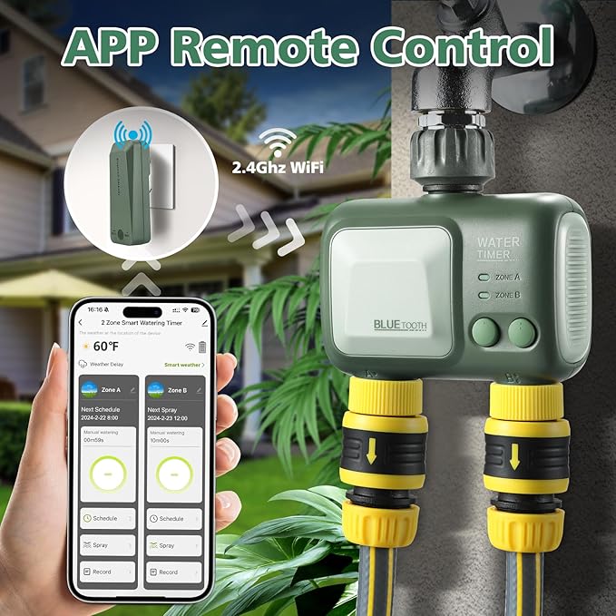 Programator irigare/udare Smart, Bluetooth, WiFi, control prin aplicatie, 2 zone, 2 moduri si 2 optiuni de frecventa, 12 programe irigare, amanare in caz de ploaie, compatibil Android si iOS, pentru gradina, gazon, peluza