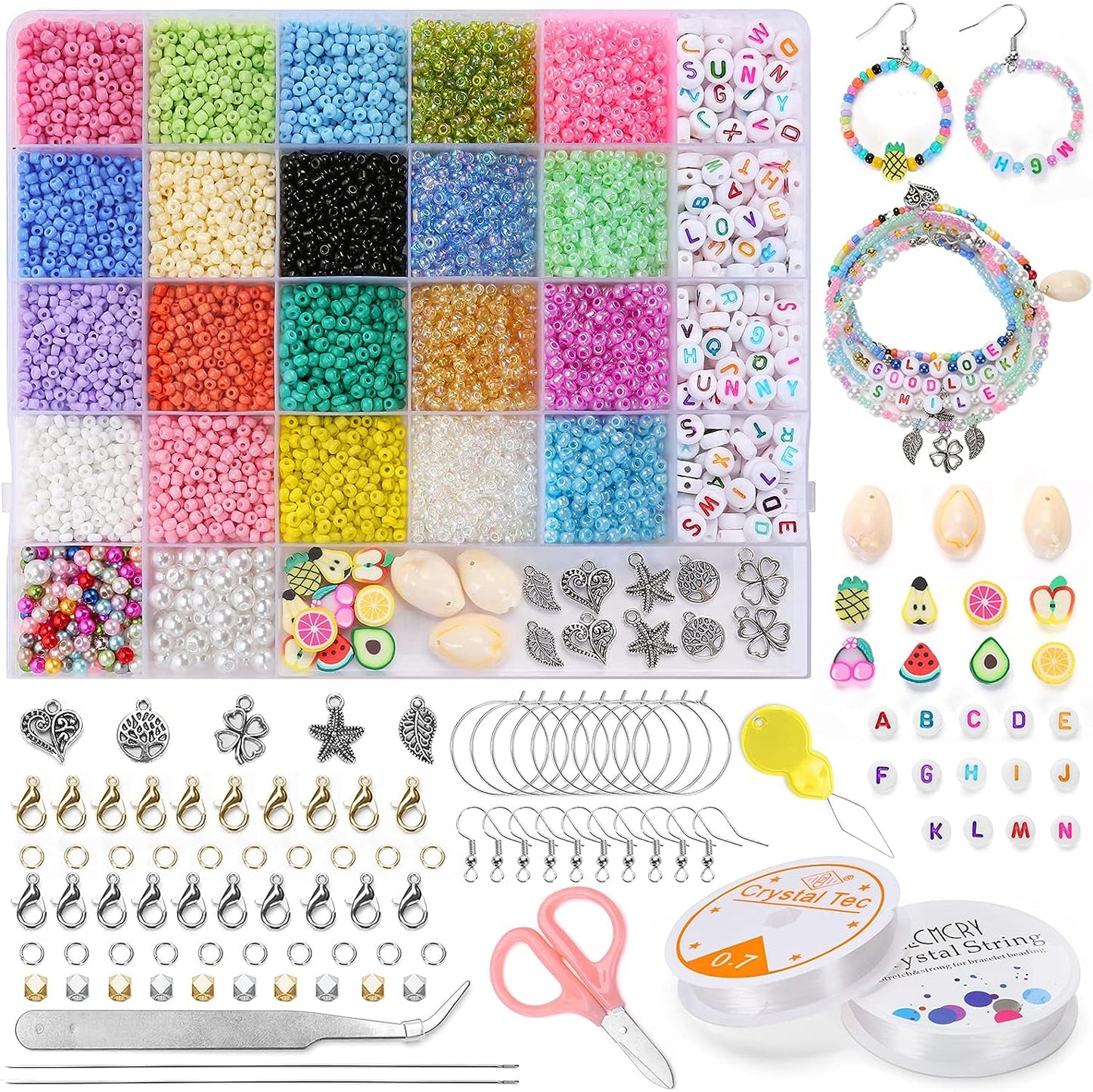 Set 9200 margele din sticla pentru confectionat bratari, 26 de culori, forfeca, penseta si 2 role snur elastic, 2x ace, pentru coliere, bijuterii