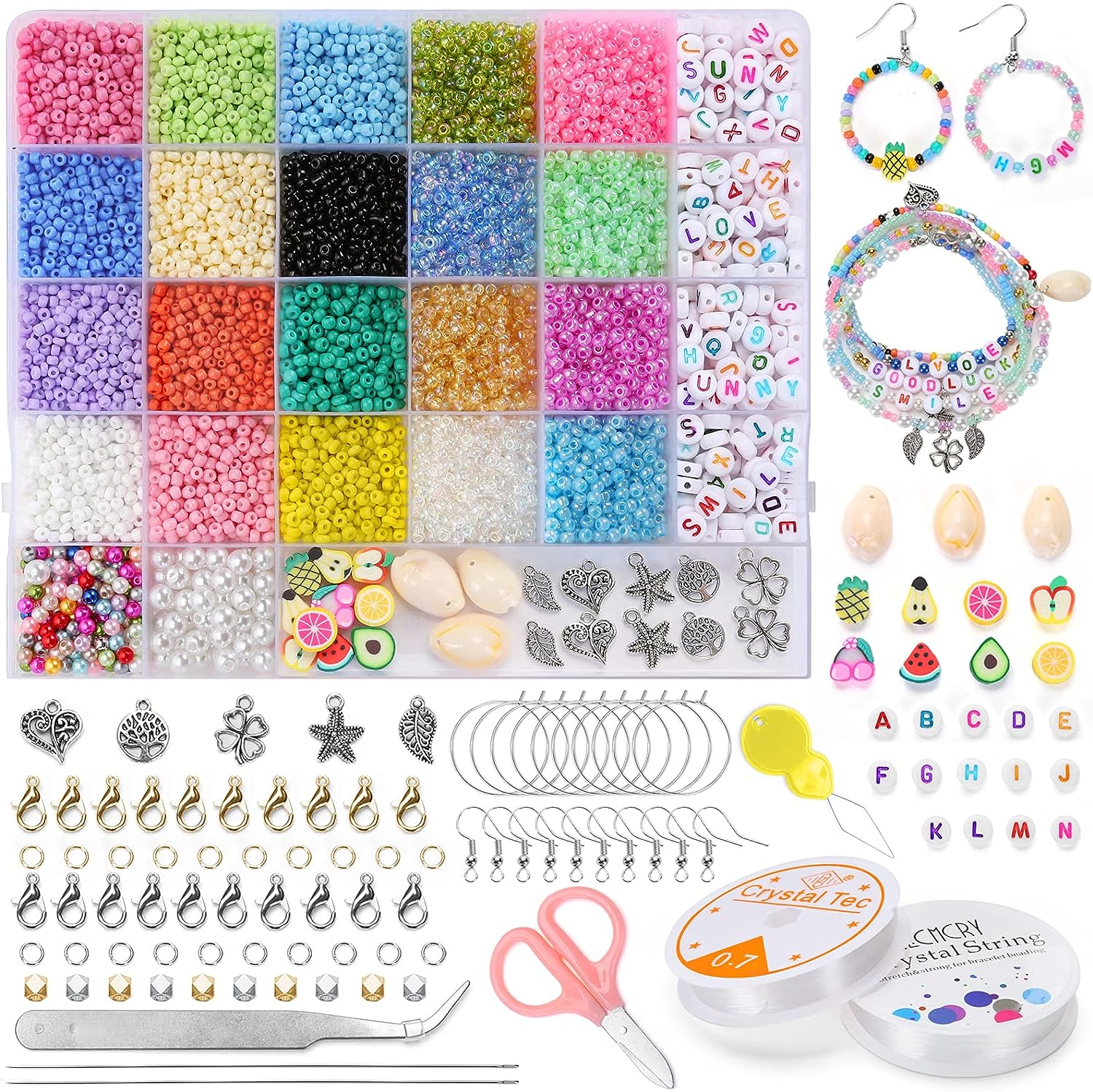 Set 9200 margele din sticla pentru confectionat bratari, 26 de culori, forfeca, penseta si 2 role snur elastic, 2x ace, pentru coliere, bijuterii