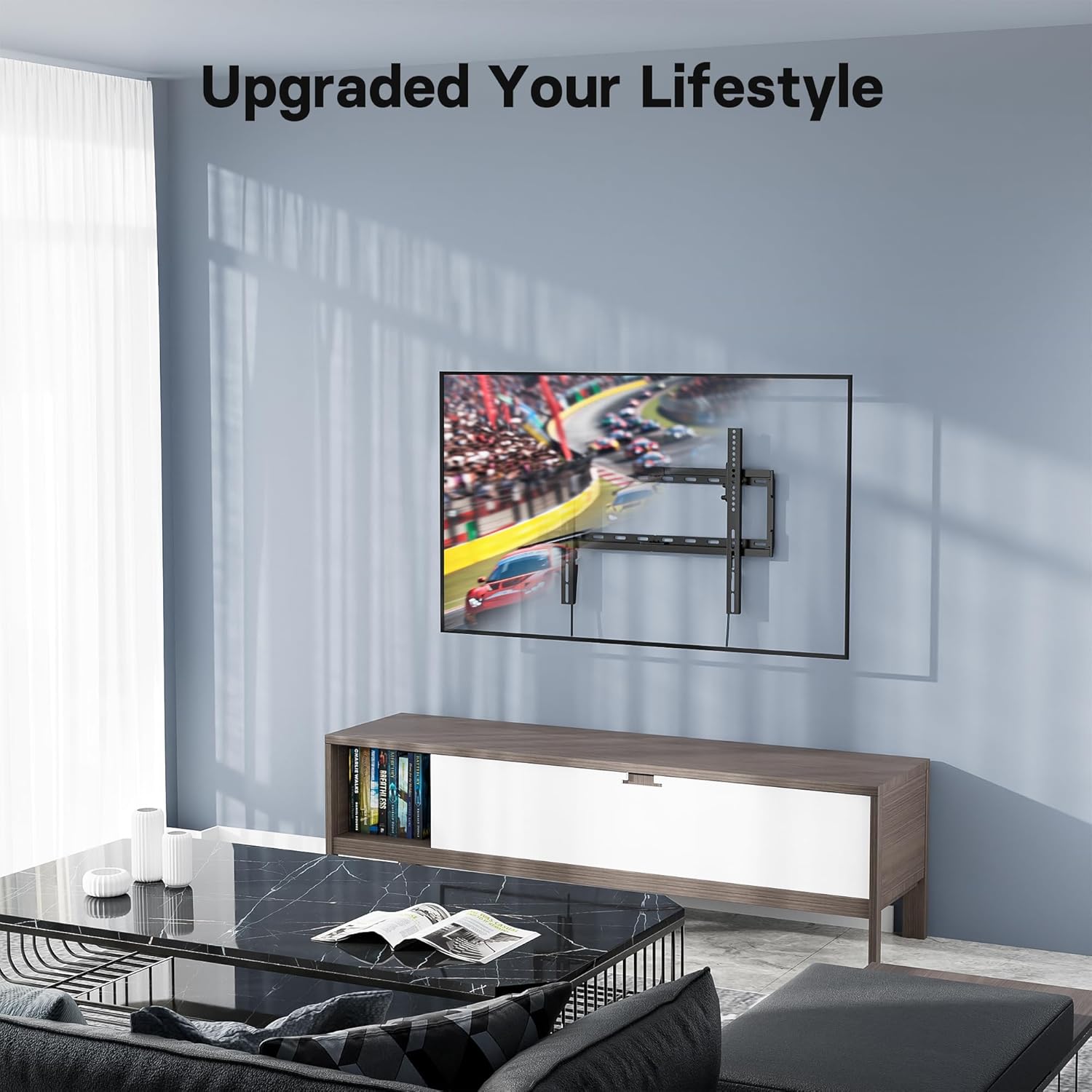 Suport TV perete, universal, diagonala 37 - 80 inch, max 55 kg, inclinabil 10° jos, VESA max 600 x 400, distanta perete 32 mm, nivela, cablu HDMI de 1, 8 m, ancore perete, pentru televizoare plate sau curbate