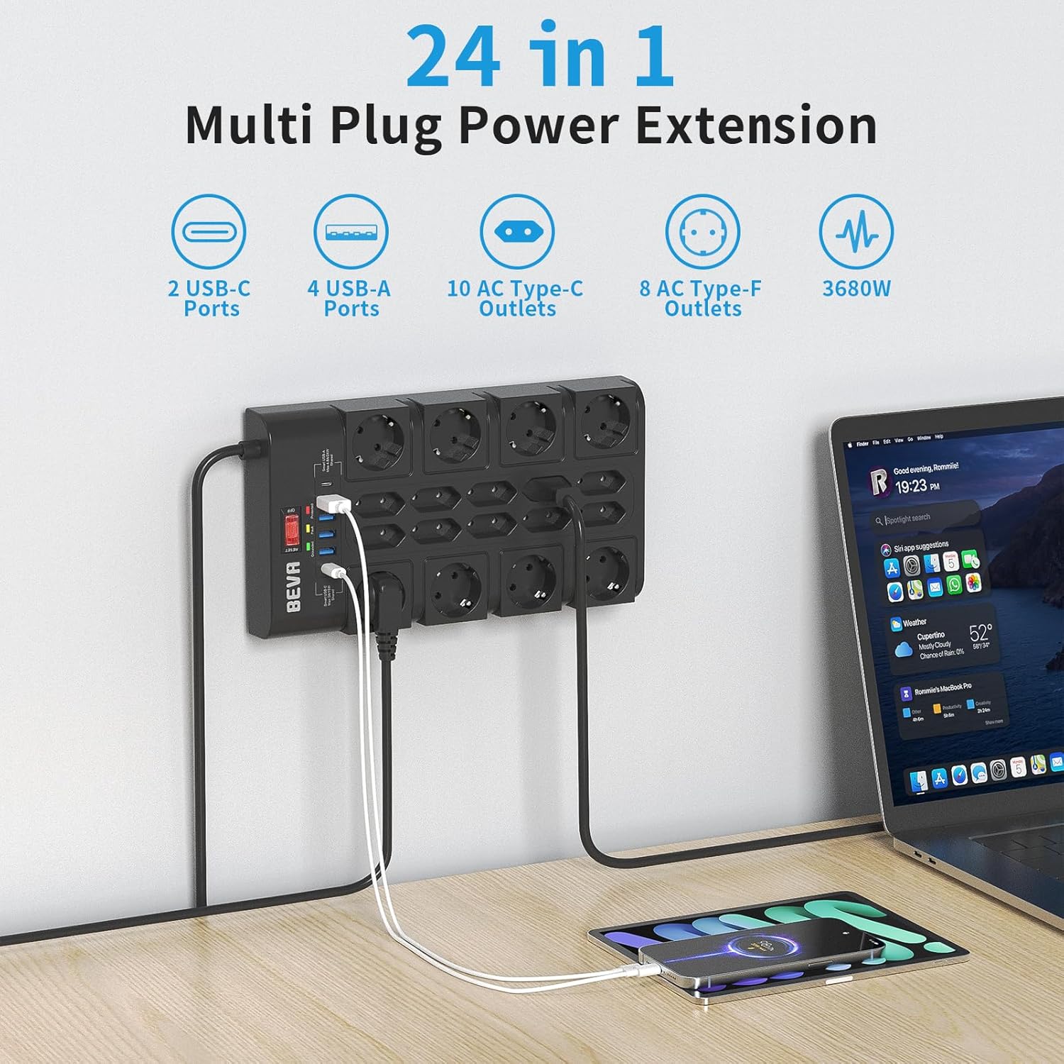 Priza multipla Beva, protectie supratensiune si intrerupator, 18 prize cu USB-C si USB-A, prelungitor 4 m, 3680W/16A, ideal pentru birou si acasa