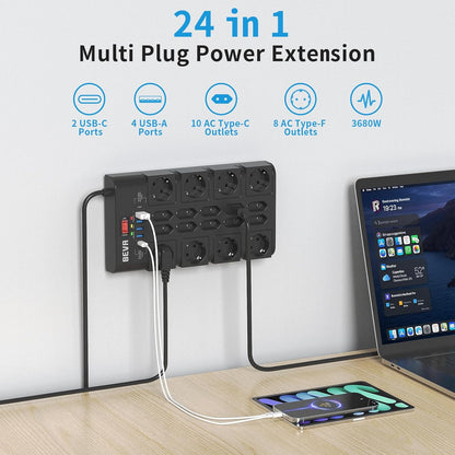 Priza multipla Beva, protectie supratensiune si intrerupator, 18 prize cu USB-C si USB-A, prelungitor 4 m, 3680W/16A, ideal pentru birou si acasa