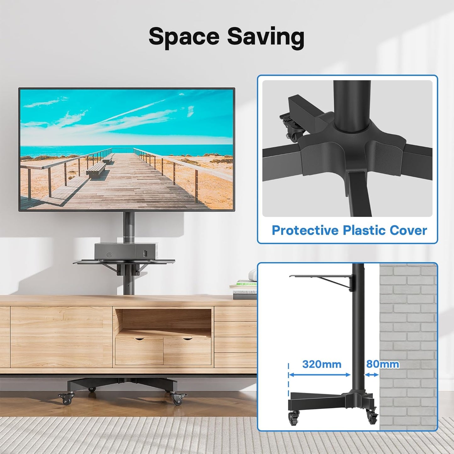 Suport TV BONTEC cu roti pentru ecrane Plasma/LCD/LED de 23-55 inch, pana la 40 kg, suport rulant reglabil pe inaltime si functie de inclinare cu raft pentru laptop, MAX VESA 400x400