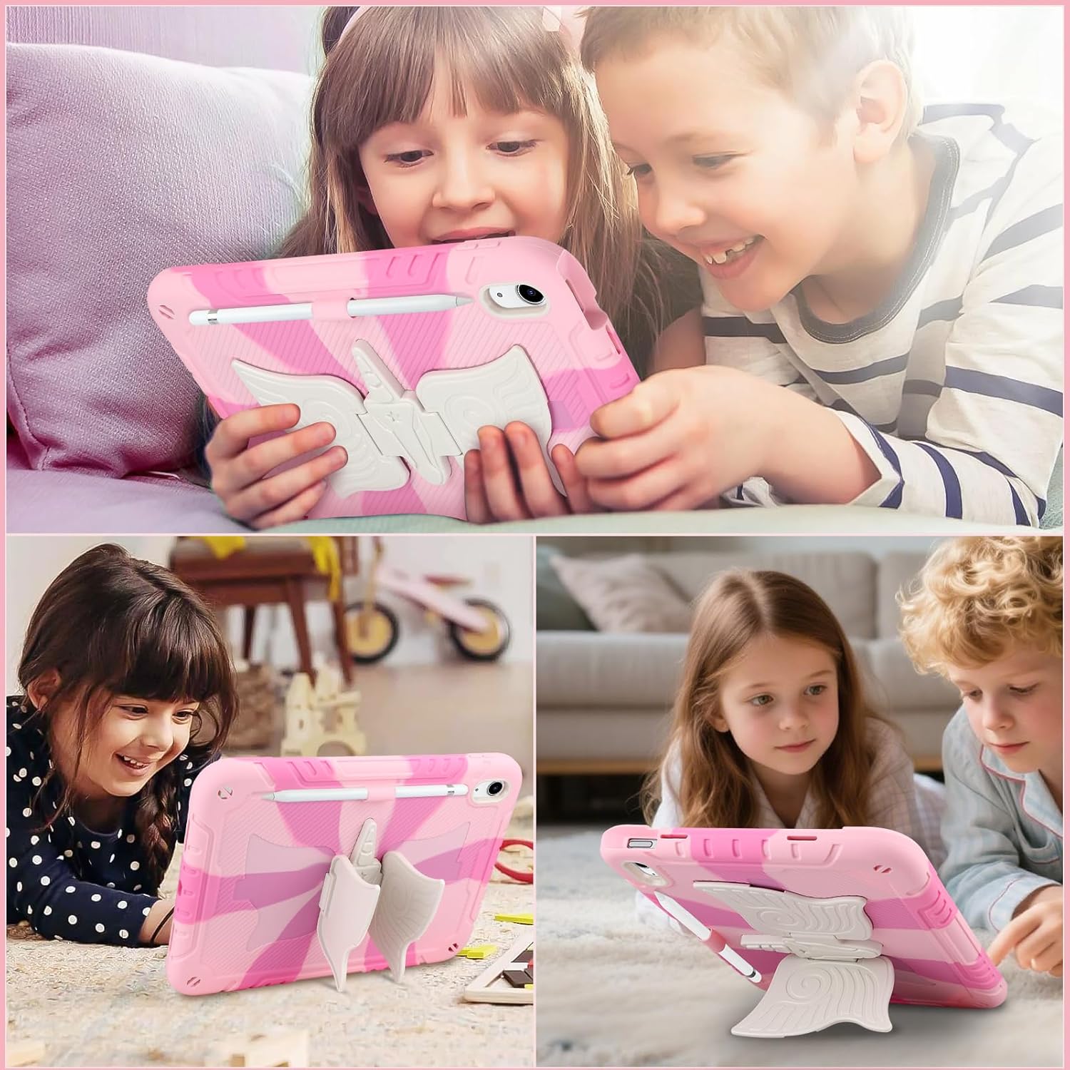 Husa compatibila cu iPad 10,9" generatia 11/10, 2025/2022, robusta, rezistenta la socuri, cu suport unicorn, curea de umar, suport pentru pix, roz