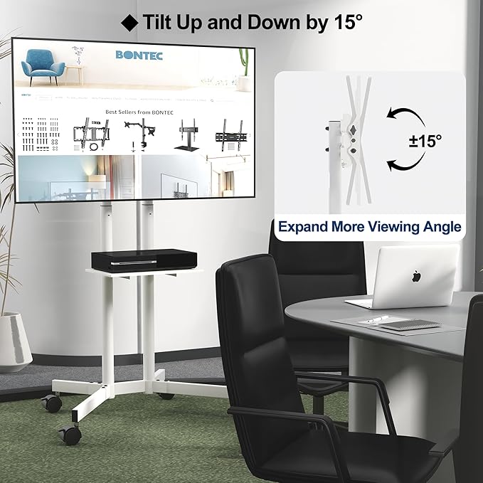 Suport TV stand cu roti, pentru televizoare de 32-85 inch plat si curbat de pana la 60 kg, reglabil in inaltime, VESA maxim 600 x 400 mm, alb