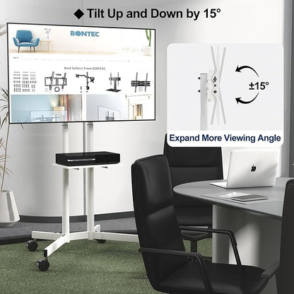 Suport TV stand cu roti, pentru televizoare de 32-85 inch plat si curbat de pana la 60 kg, reglabil in inaltime, VESA maxim 600 x 400 mm, alb