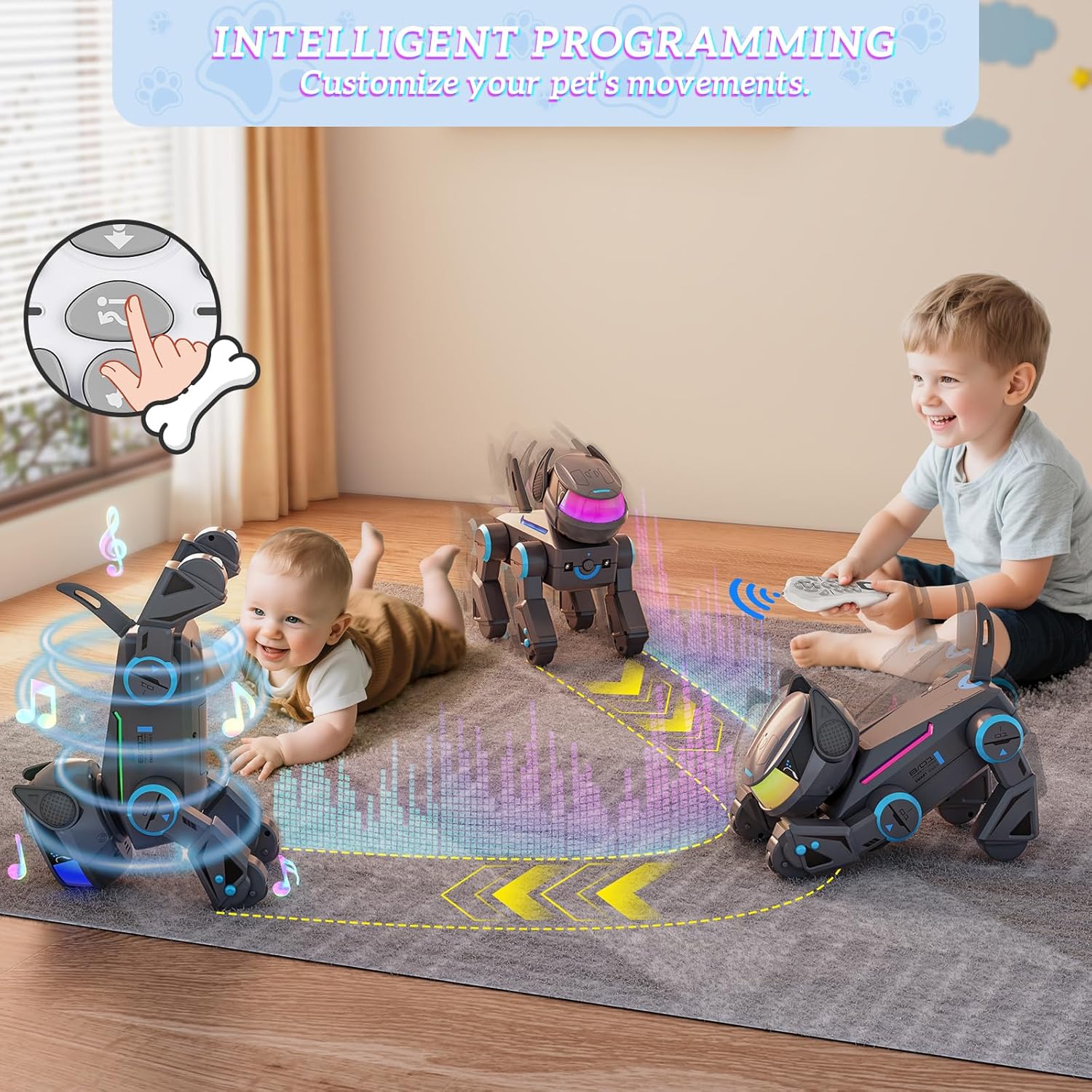 Robot inteligent Smart, caine interactiv cu LED multicolor, bluetooth speaker, programabil 100 comenzi, 15+ functii interactive, baterii reincarcabile – Jucarie STEM pentru copii 3–12 ani
