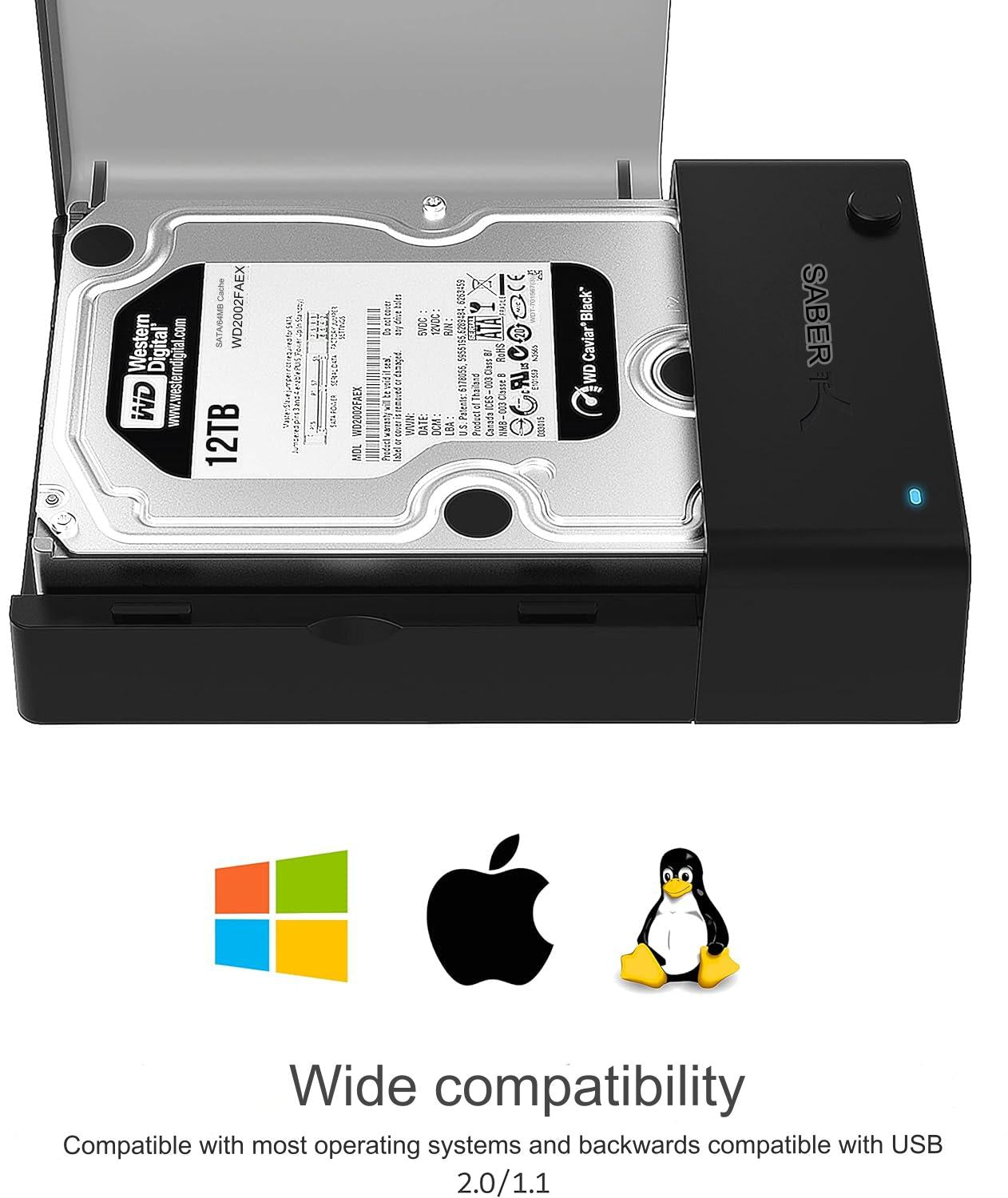 Docking Station pentru HDD/SSD extern, carcasa rack de 2,5-3,5 inchi, SATA, UASP, USB 3.0, USB 3.2 Gen1, plug and play, cu sursa de alimentare DC 12 V, rata de transfer 5 Gbps, cablu tip A de 1.8 m