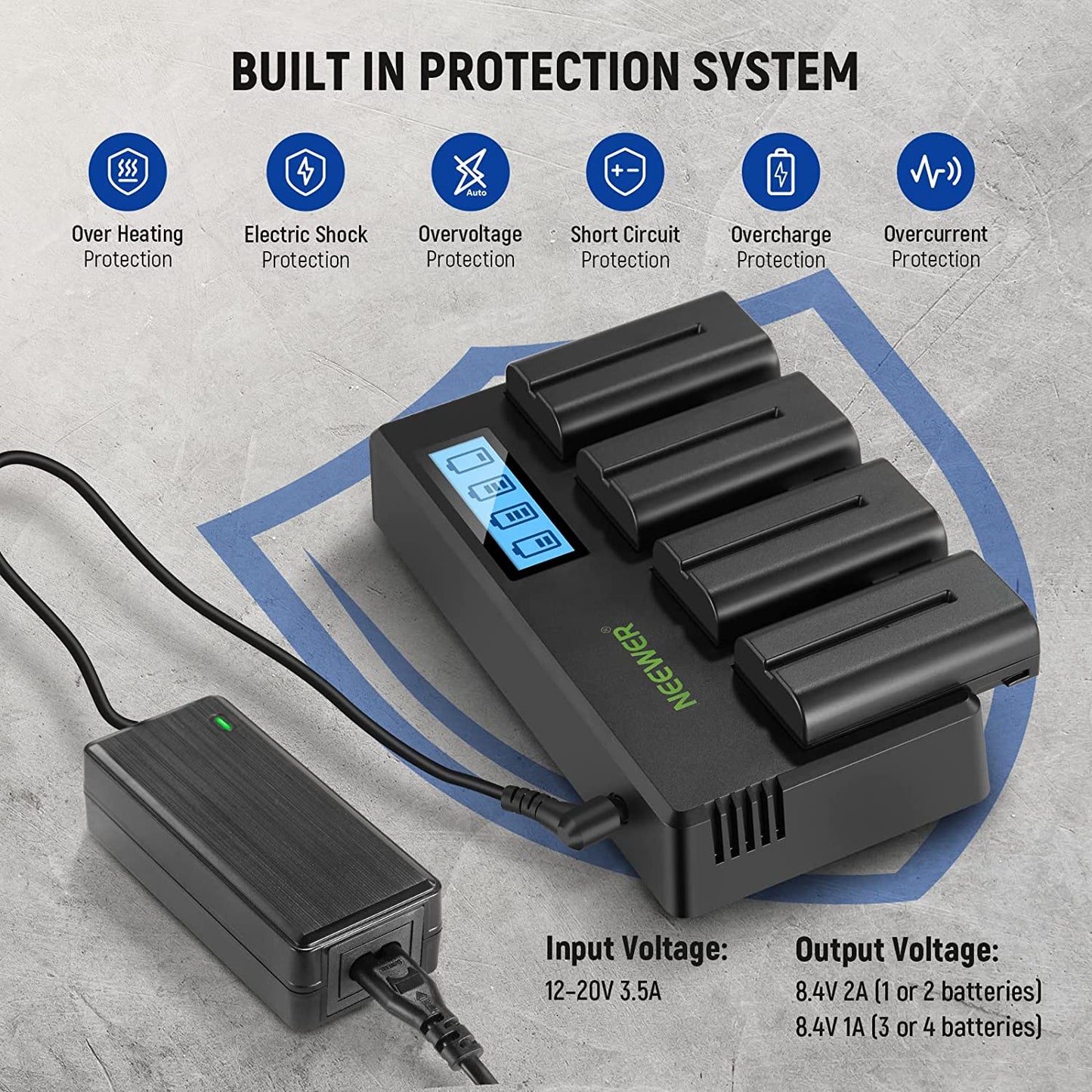 Set de 4 acumulatori NP F550 2600mAh cu incarcator cu 4 canale si display LCD compatibile cu NP F550/750/770/970 FM500H QM71D QM91D