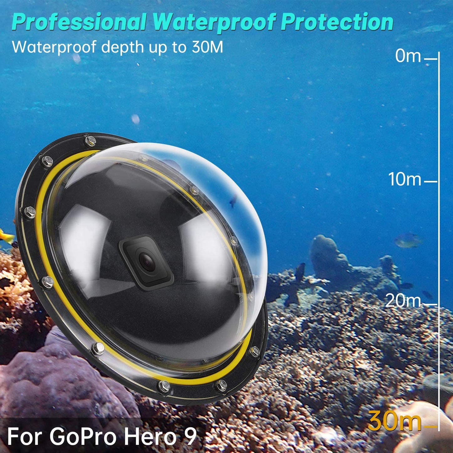Carcasa tip dome compatibil cu GoPro Hero 9 Black, impermeabila, pentru sport acvatic, scufundari, snorkeling, cu unghi larg de actiune