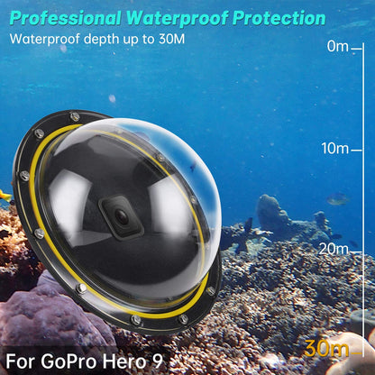 Carcasa tip dome compatibil cu GoPro Hero 9 Black, impermeabila, pentru sport acvatic, scufundari, snorkeling, cu unghi larg de actiune