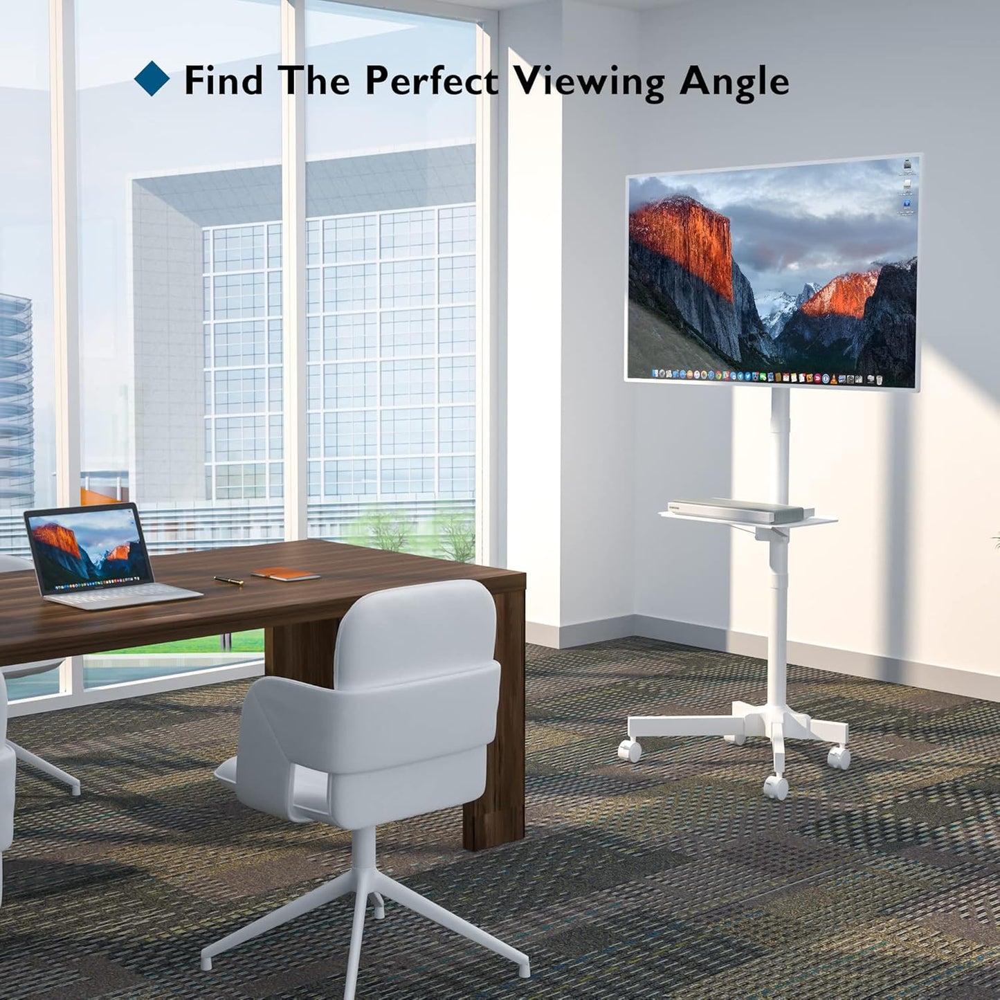 Suport TV mobil BONTEC pe roti pentru televizoare de 23-60 inch, suport TV portabil cu raft pentru laptop, carucior TV rulant reglabil pe inaltime pana la 25 kg, max. VESA 400 x 400 mm (alb)