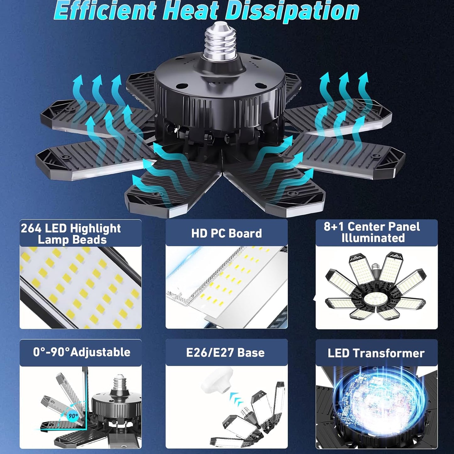 Lampa LED 210W, 21000lm, 6500K, 8+1 panouri reglabile 360°, dulie E27/E26, iluminare super puternica pentru atelier, depozit sau subsol, clasa energetica F